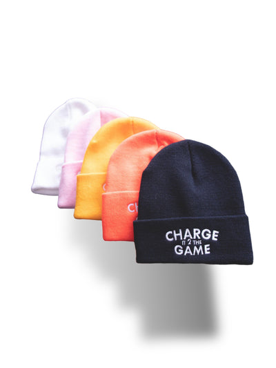 logo beanies in yellow, orange, black, pink, and white.